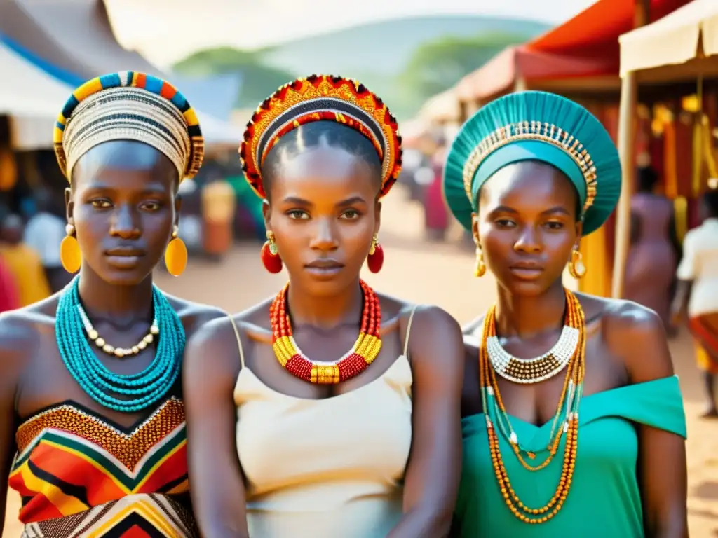 Un grupo de mujeres africanas con adornos y accesorios en tejidos africanos, exhibiendo orgullo cultural en un mercado bullicioso