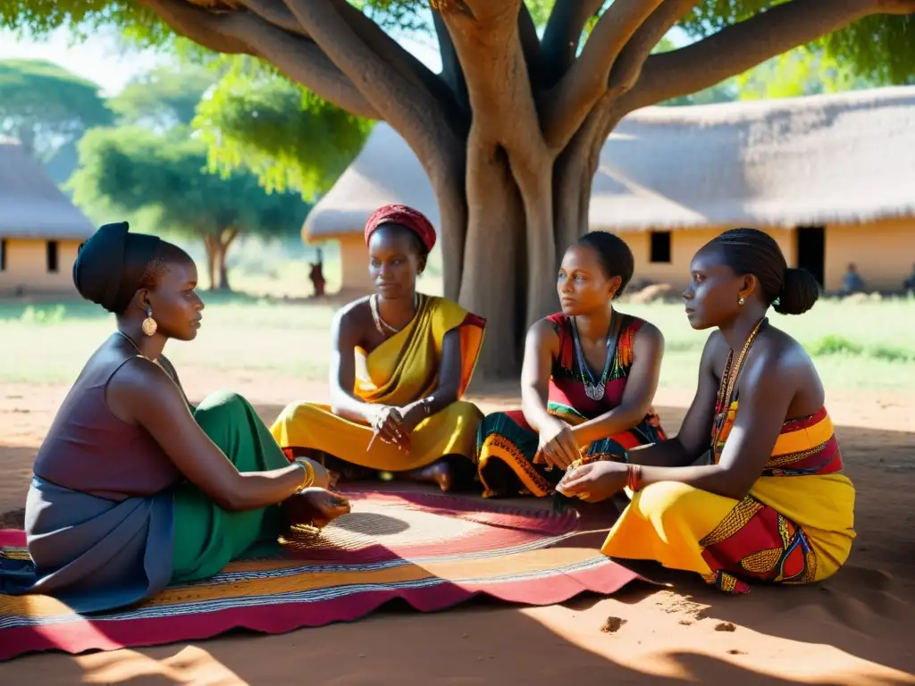 Grupo de mujeres africanas tejiendo bajo un árbol, rodeadas de textiles tribales coloridos