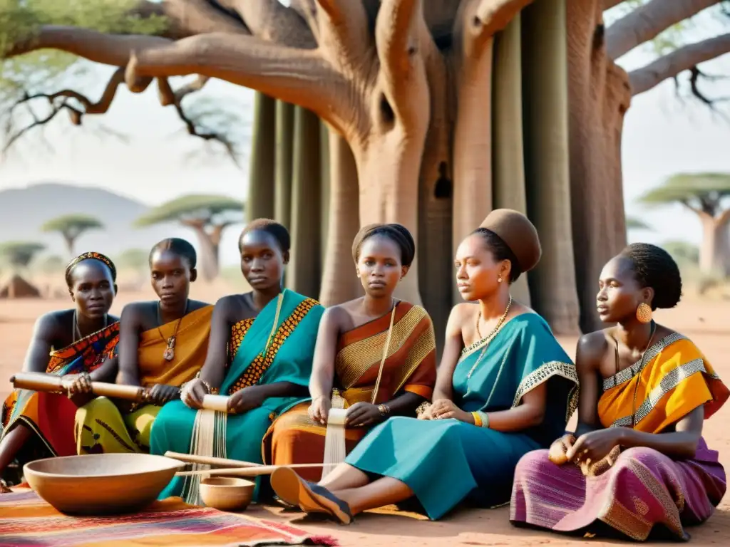 Grupo de mujeres africanas tejiendo bajo un baobab, evocando el significado y símbolos de los tejidos africanos