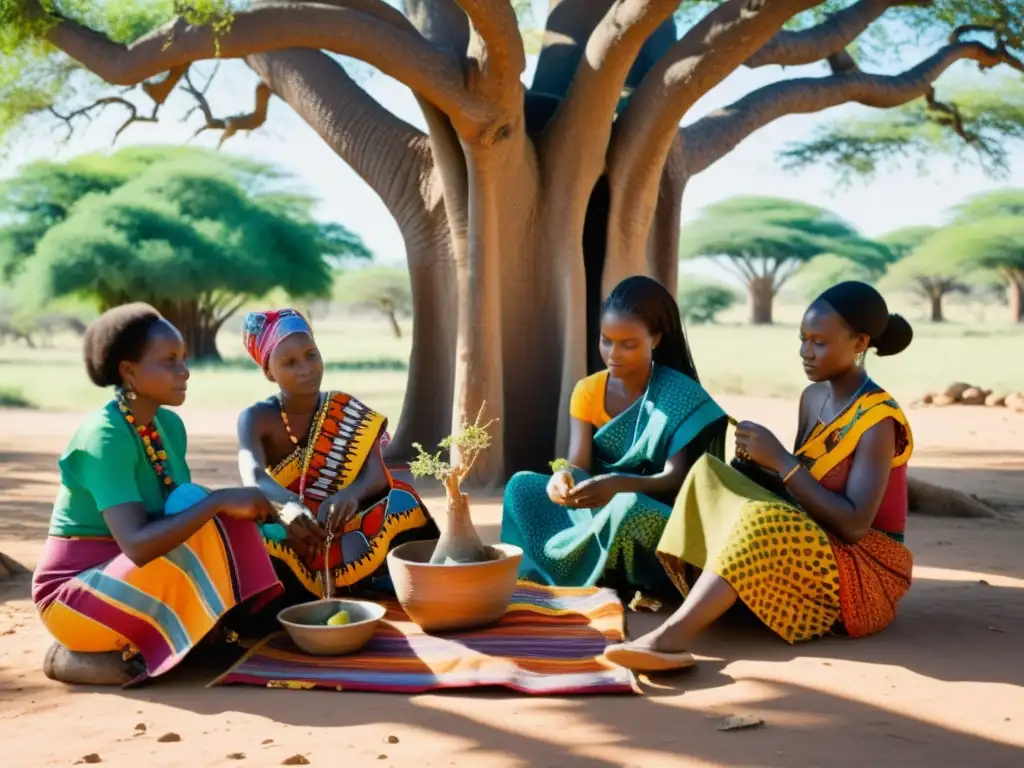 Grupo de mujeres africanas tejiendo bajo un baobab, transmitiendo resistencia política a través de sus tejidos coloridos