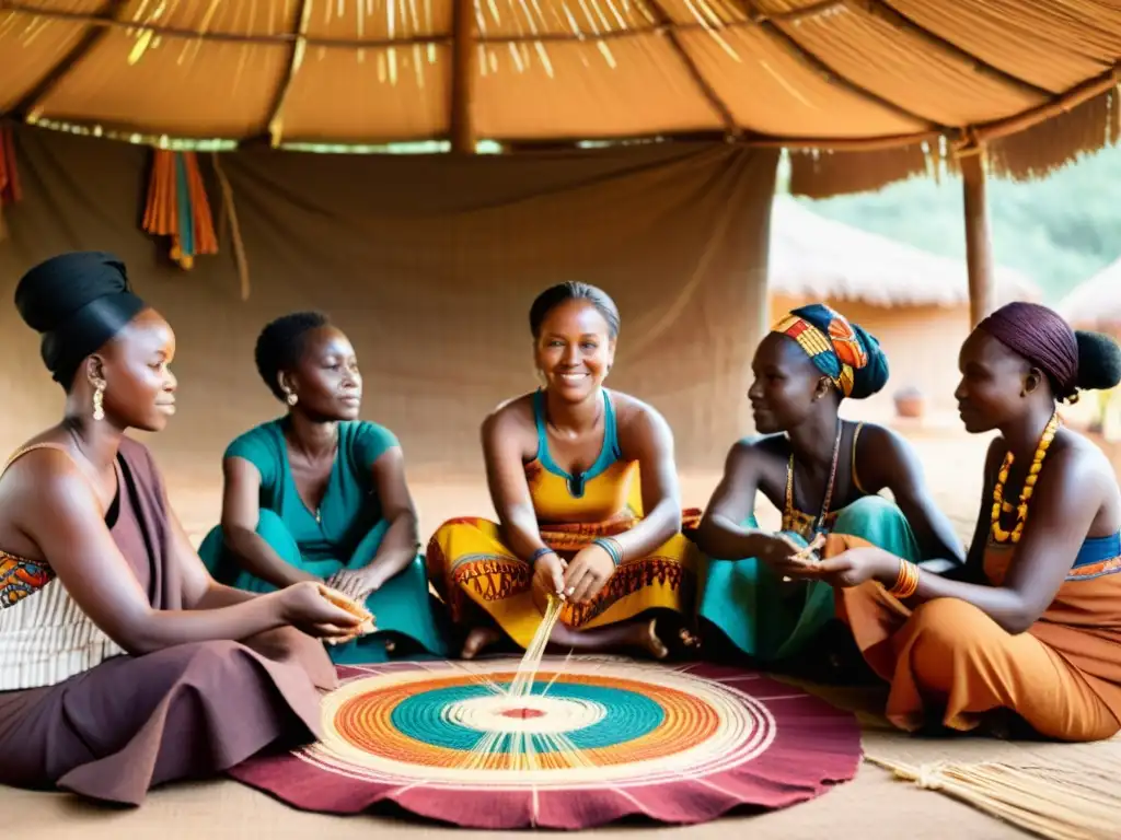 Un grupo de mujeres africanas tejen en círculo, rodeadas de vibrantes textiles