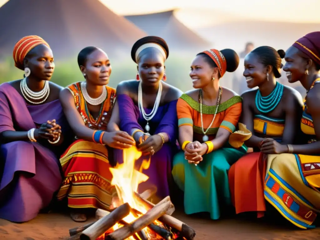 Un grupo de mujeres africanas vistiendo coloridos tejidos tradicionales bailando alrededor de un fuego ceremonial en un pueblo africano