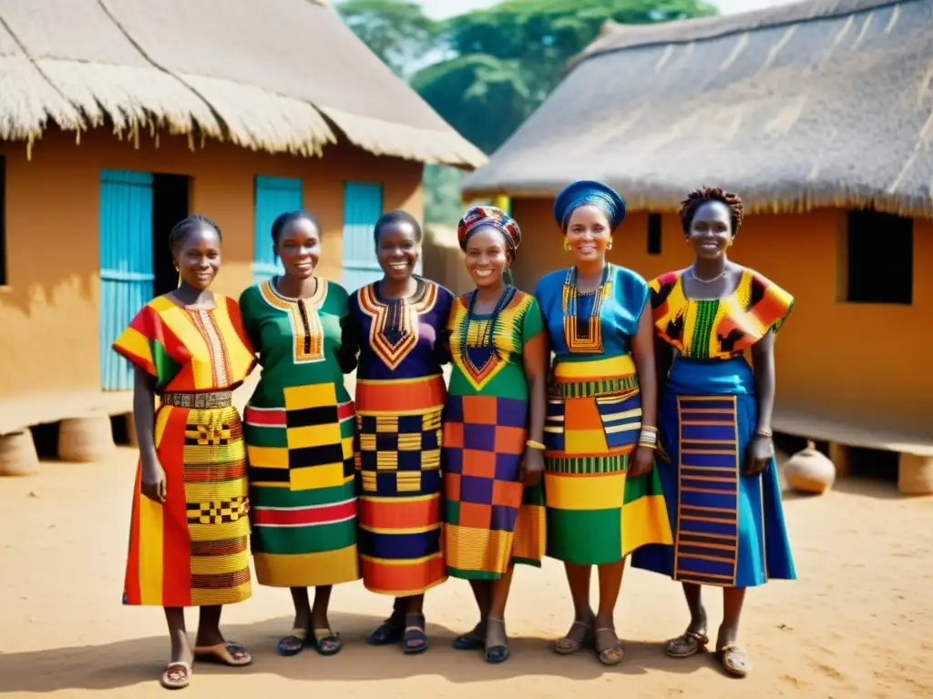 Un grupo de mujeres africanas viste coloridos kente con patrones geométricos en una aldea tradicional