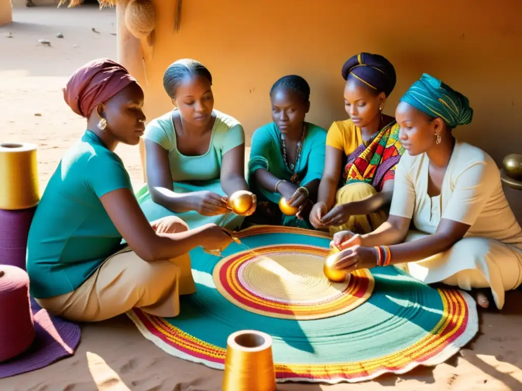 Grupo de mujeres africanas tejiendo coloridos textiles con métodos tradicionales, rodeadas de hilos vibrantes y patrones intrincados