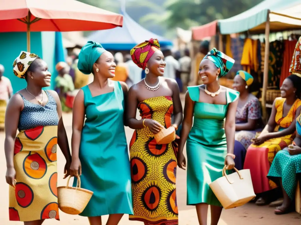 Un grupo de mujeres africanas viste Kitenge, moda contemporánea africana, riendo y conversando en un animado mercado al aire libre