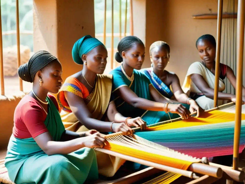 Un grupo de mujeres africanas tejiendo con destreza en un telar vertical, manteniendo viva la tradición del telar vertical en África