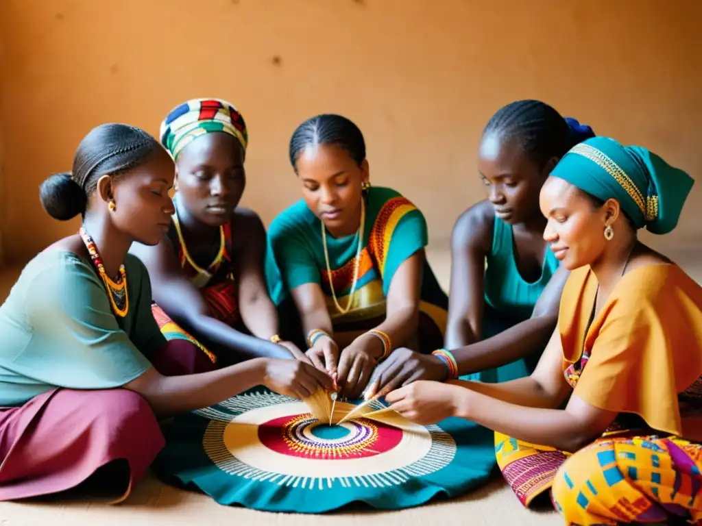 Un grupo de mujeres africanas tejiendo diseños tribales africanos más emblemáticos en un ambiente cálido y nostálgico