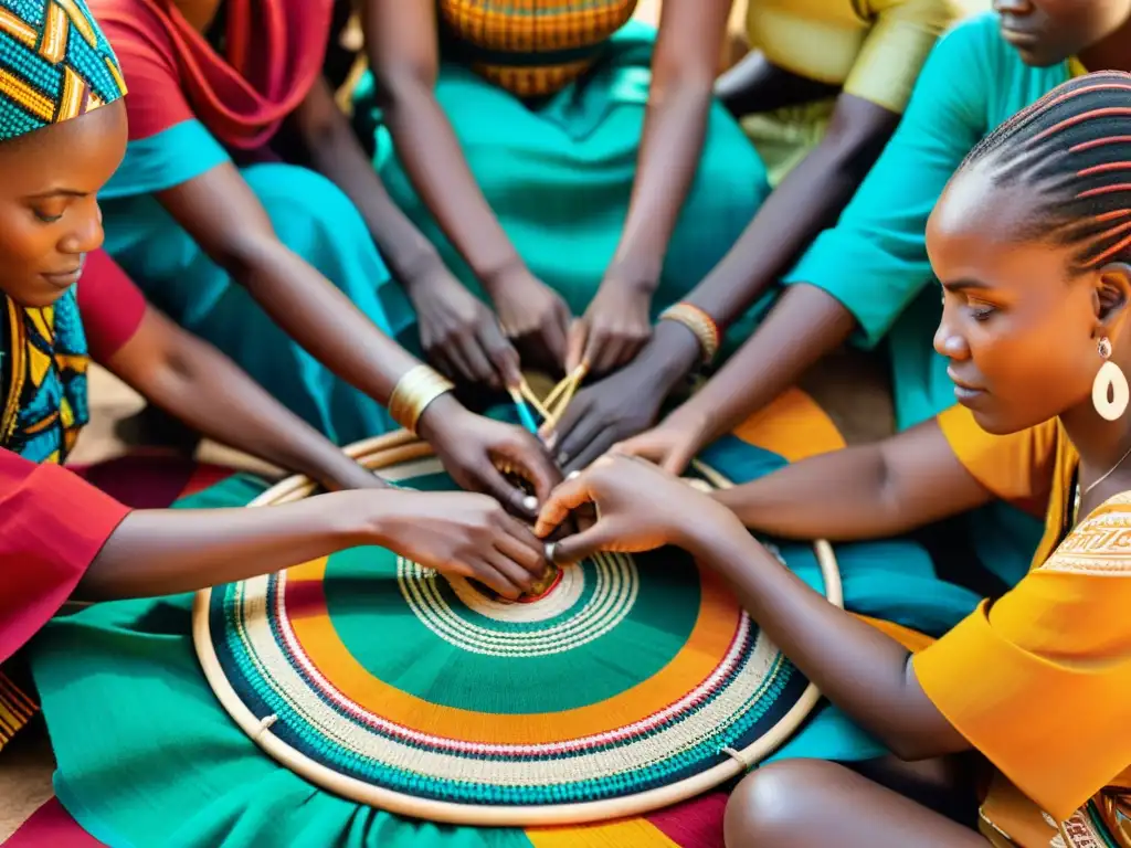 Un grupo de mujeres africanas teje con habilidad tejidos africanos, promoviendo unidad social con sus tradiciones y expresiones creativas