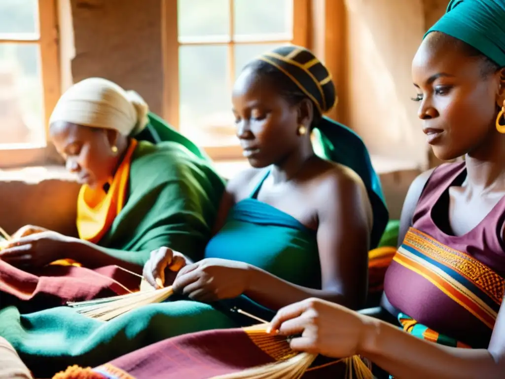 Un grupo de mujeres africanas teje con habilidad patrones culturales en vibrantes textiles, rodeadas de telas coloridas y tintes naturales