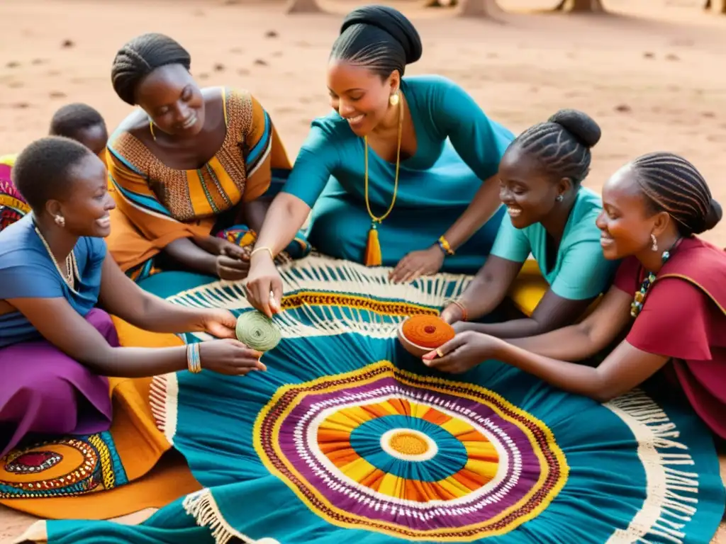 Grupo de mujeres africanas tejiendo historias de migración con textiles africanos