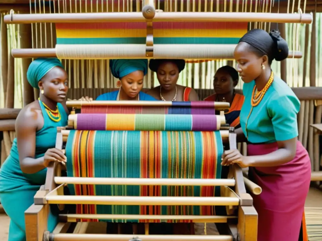 Un grupo de mujeres africanas tejen juntas en un telar tradicional, reflejando la influencia diáspora africana en el arte textil contemporáneo