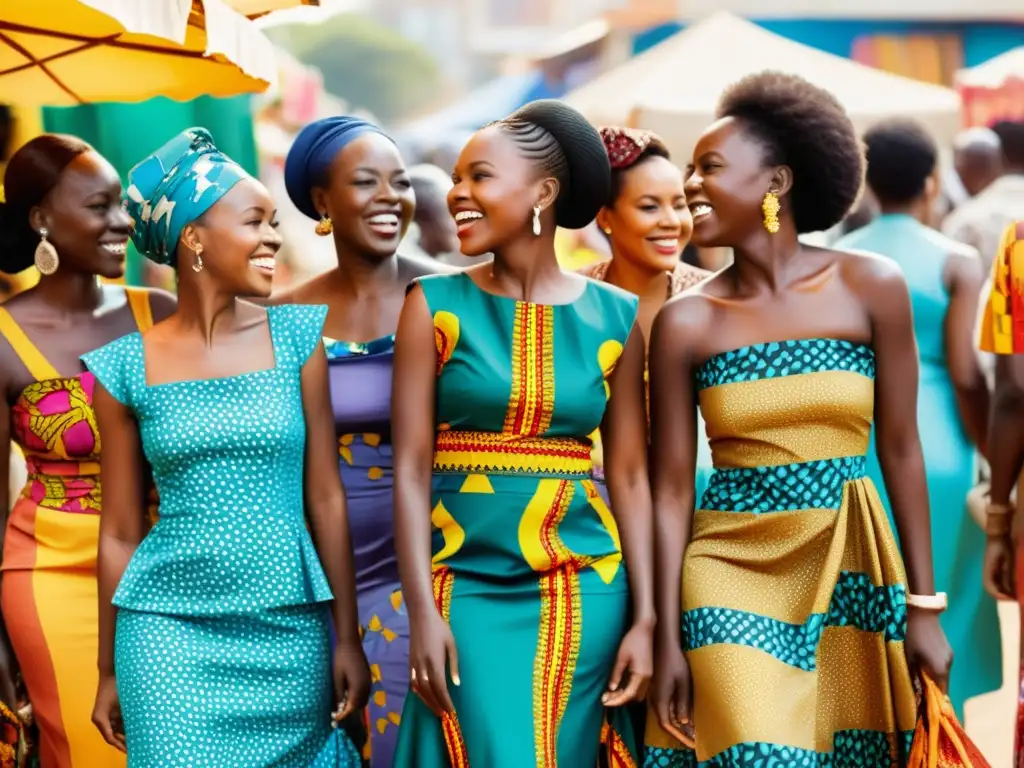 Grupo de mujeres africanas en mercado con vestidos Kitenge, reflejando la moda contemporánea africana en vibrantes telas y colores