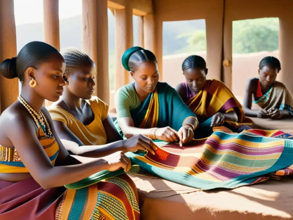 Un grupo de mujeres africanas teje patrones coloridos en telas tradicionales, rodeadas de tonos vibrantes