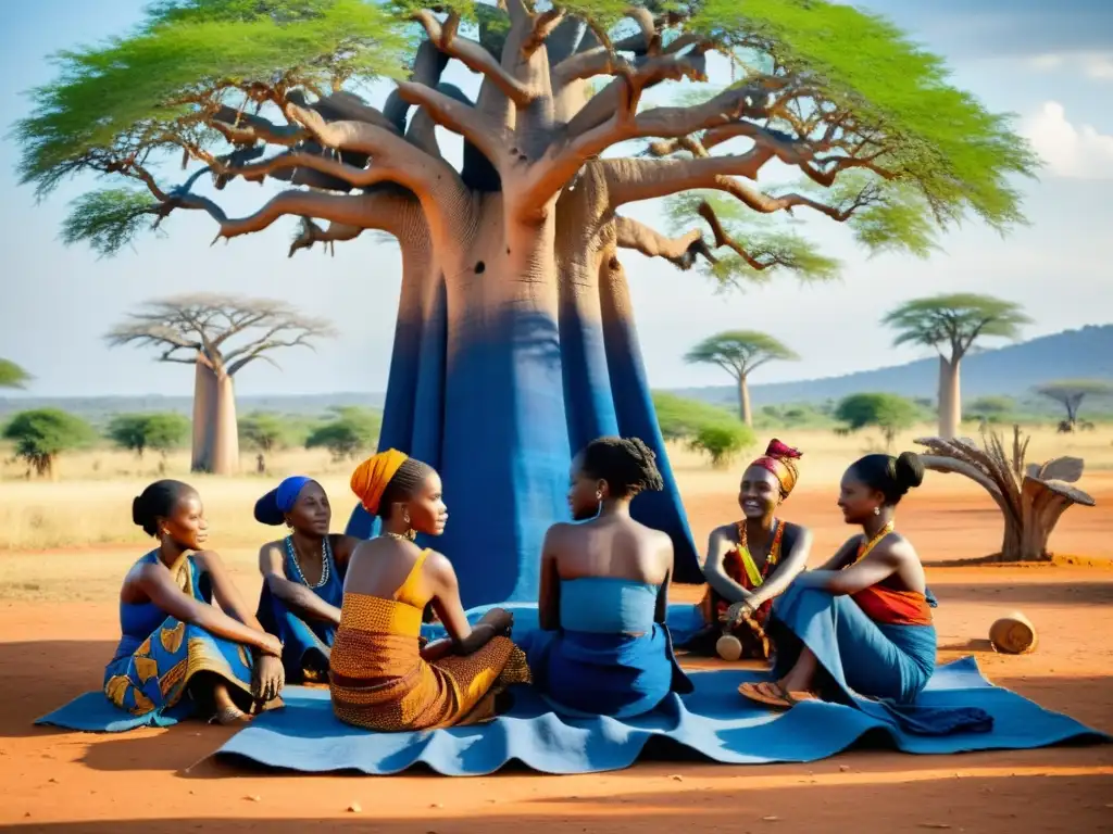 Grupo de mujeres africanas tejiendo patrones en telas índigo bajo un baobab, destacando las prácticas ecológicas en la producción textil africana