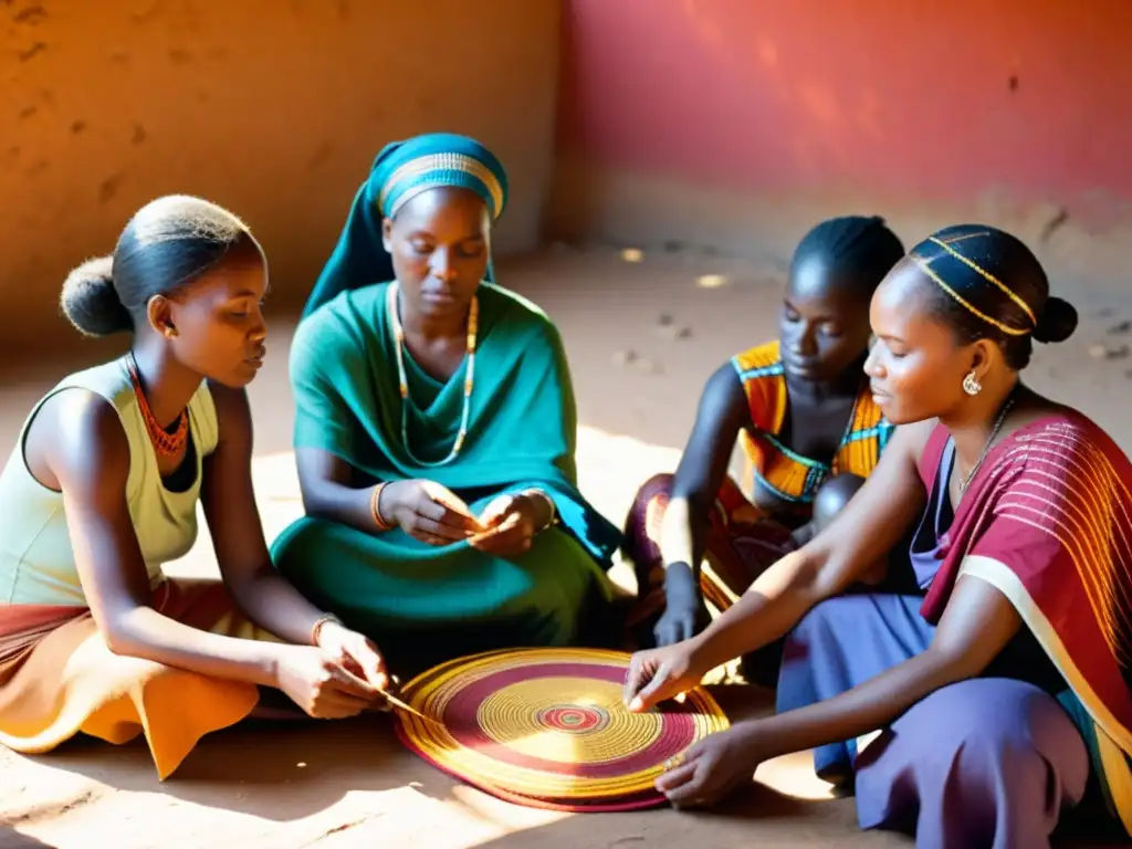 Grupo de mujeres africanas tejiendo patrones en textiles coloridos, resaltando usos terapéuticos textiles culturas africanas