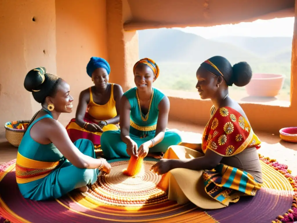 Grupo de mujeres africanas tejiendo patrones significativos en textiles tradicionales, rodeadas de fibras teñidas