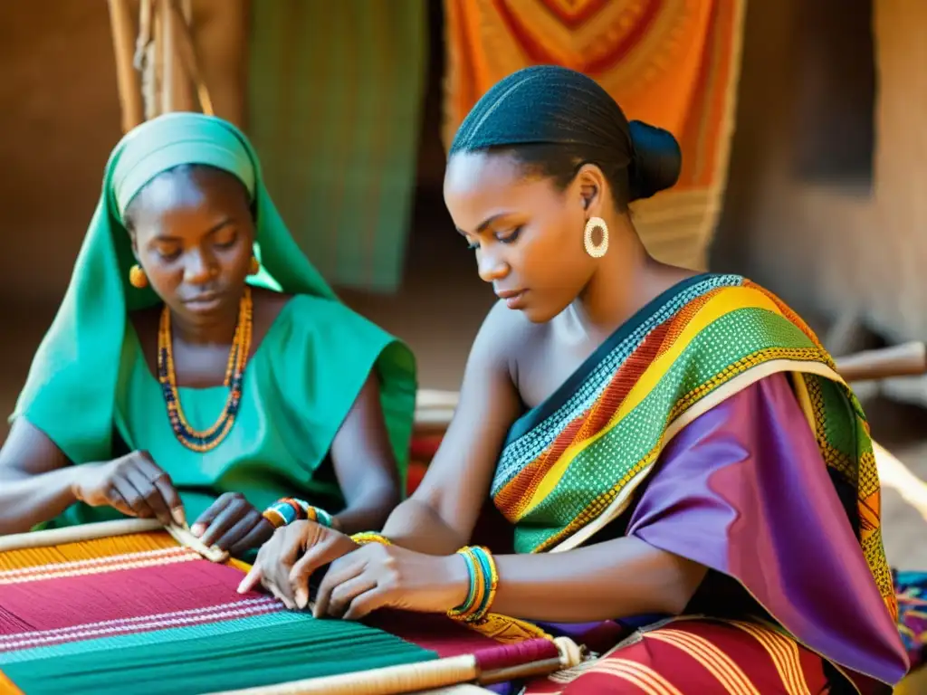 Un grupo de mujeres africanas tejiendo patrones coloridos en telares, resaltando el significado cultural de los tejidos africanos