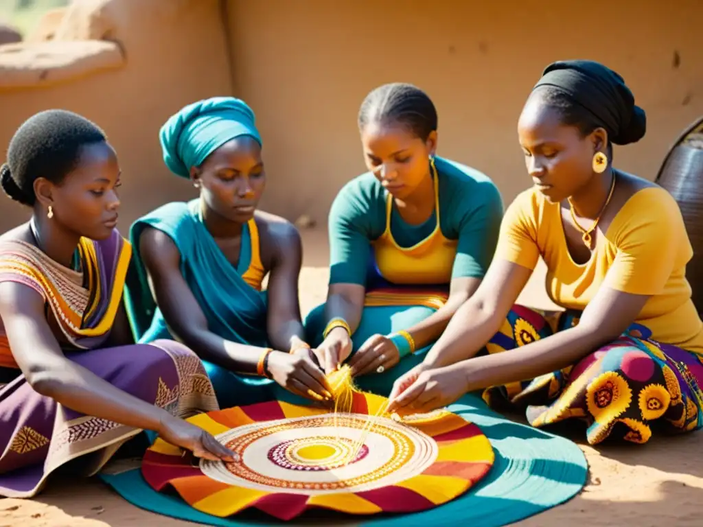 Grupo de mujeres africanas tejiendo patrones culturales en textiles vibrantes, rodeadas de colores y luz cálida