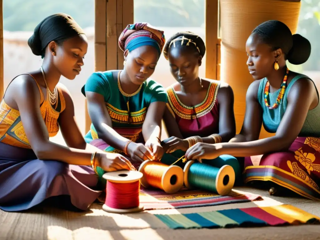 Grupo de mujeres africanas tejiendo patrones coloridos y simbólicos en un telar, mostrando la evolución del simbolismo en tejidos africanos