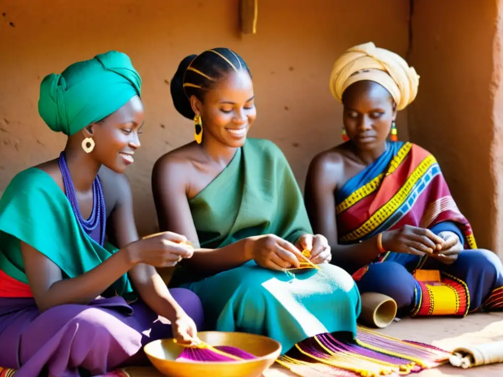 Un grupo de mujeres africanas tejiendo patrones vibrantes en tejidos coloridos, promoviendo unidad social