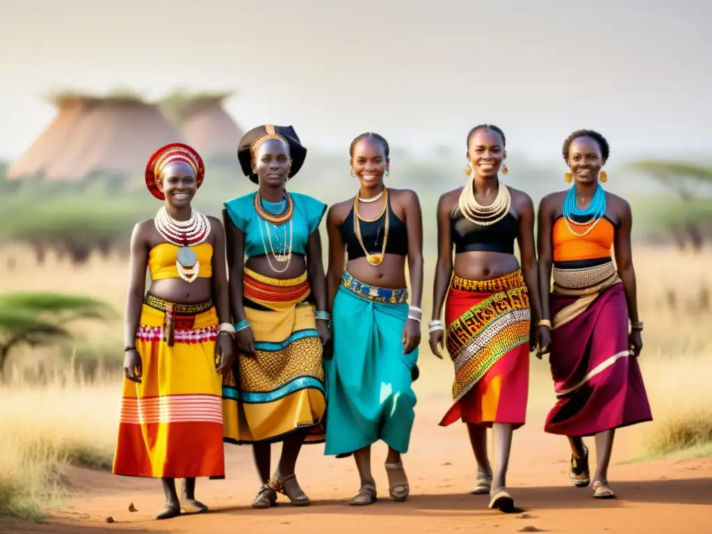 Un grupo de mujeres africanas vistiendo patrones tribales africanos safari artístico, bailando en la sabana entre hierba dorada y árboles