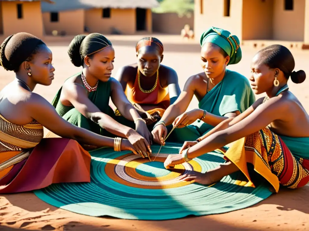 Grupo de mujeres africanas tejiendo patrones simbólicos en telas tribales de colores terrosos, bajo la cálida luz del sol