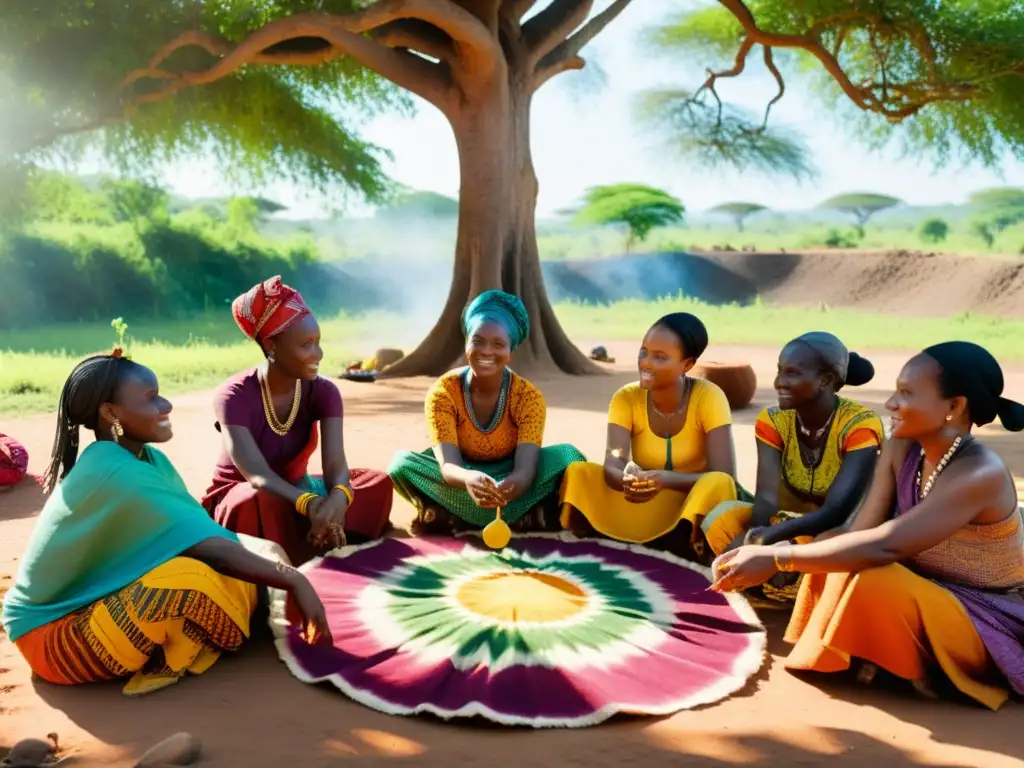 Un grupo de mujeres africanas tejiendo con pigmentos naturales, creando una escena culturalmente rica y visualmente cautivadora