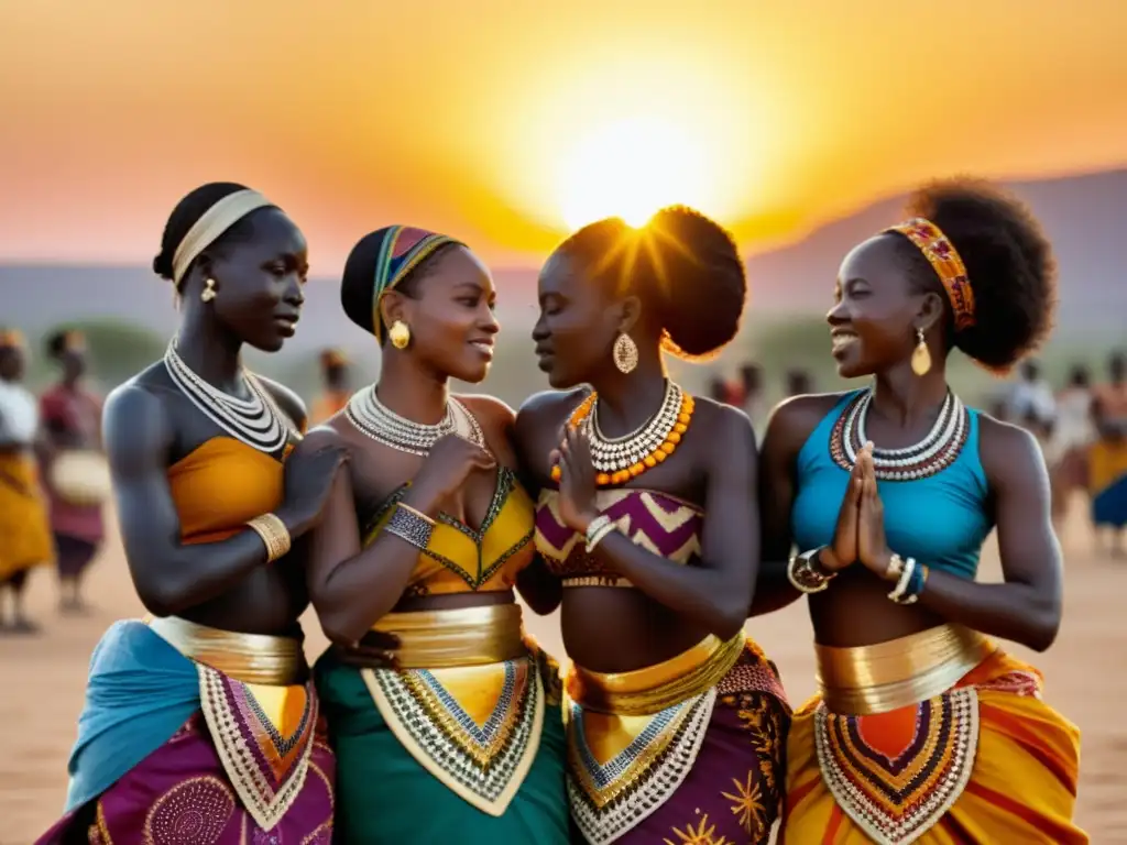 Grupo de mujeres africanas danzando en un ritual con textiles tradicionales, en el cálido atardecer africano