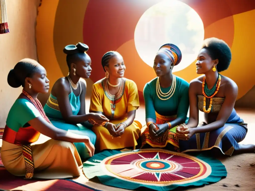 Grupo de mujeres africanas participando en un ritual de tejido tradicional, rodeadas de coloridos tejidos africanos en vibrante ceremonia comunitaria