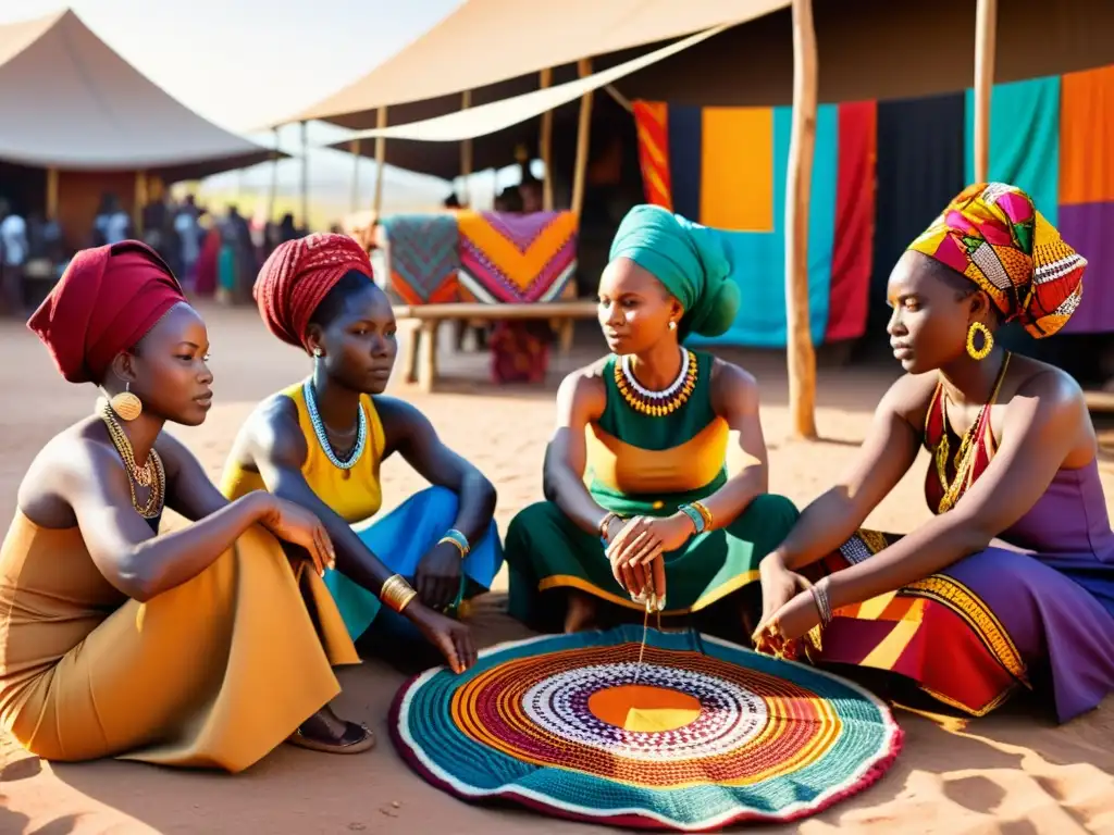 Grupo de mujeres africanas tejiendo tejidos africanos en rituales en un mercado vibrante al atardecer