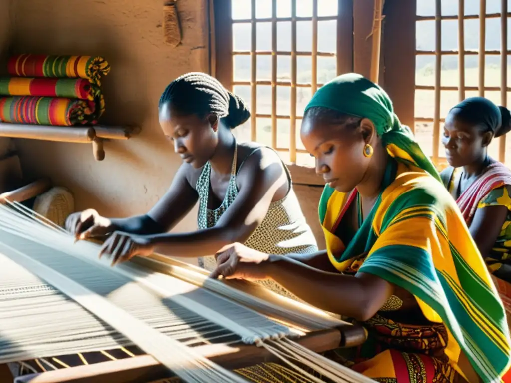 Un grupo de mujeres africanas tejiendo en telares tradicionales, mostrando la rica industria textil africana