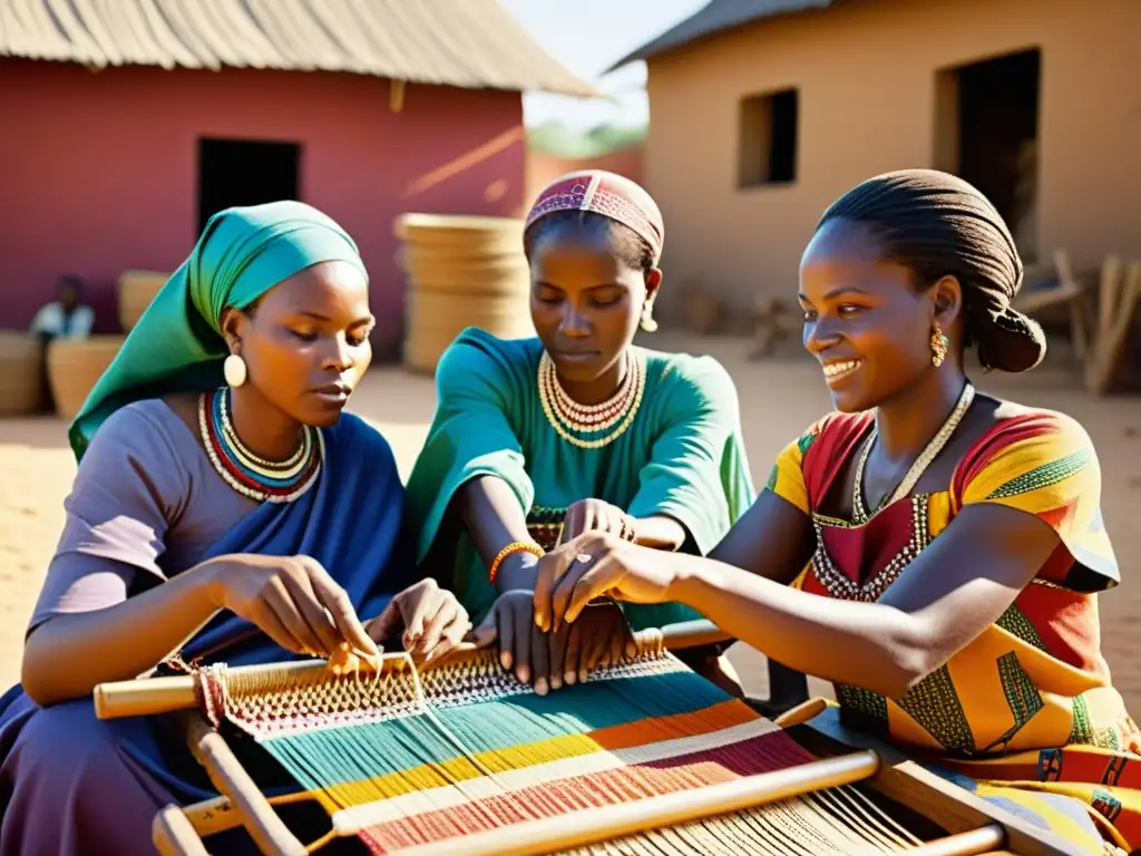 Grupo de mujeres africanas tejiendo en telares tradicionales, evolución del simbolismo en tejidos africanos