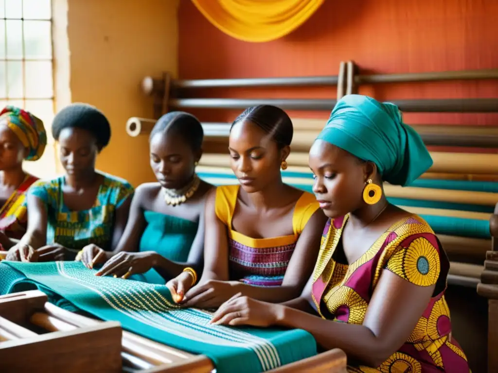 Un grupo de mujeres africanas tejiendo con concentración en telares, rodeadas de telas coloridas