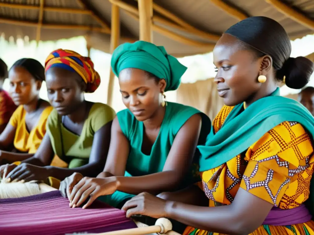 Grupo de mujeres africanas tejiendo y tiñendo telas con patrones vibrantes