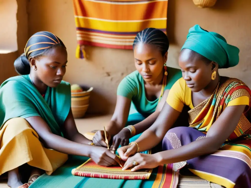 Grupo de mujeres africanas tejiendo textiles coloridos con métodos tradicionales, rodeadas de patrones vibrantes