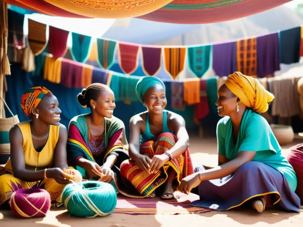 Grupo de mujeres africanas tejiendo textiles tradicionales en un colorido mercado, preservación tejidos tradicionales africanos