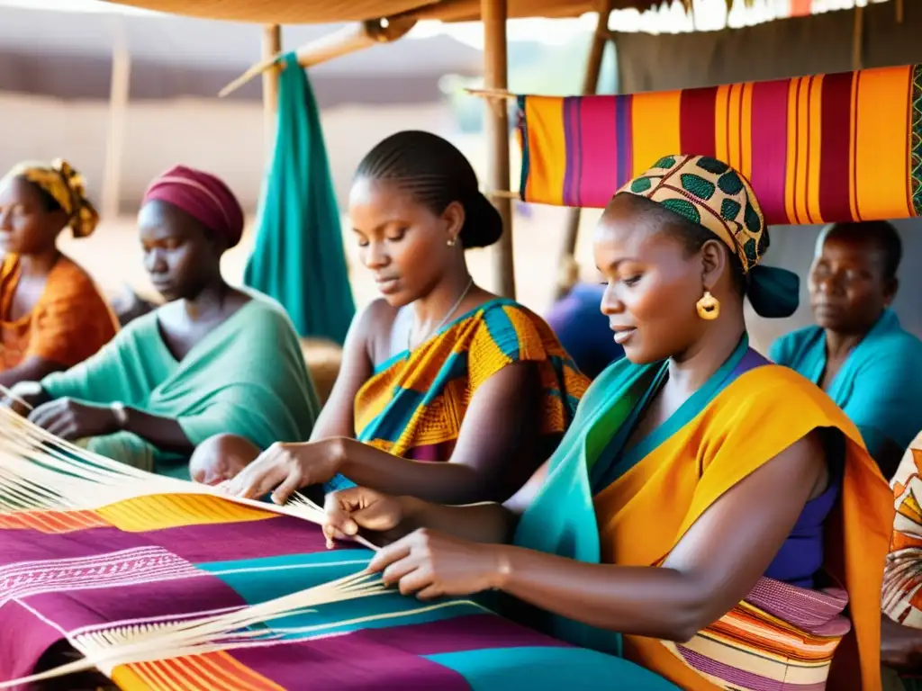 Un grupo de mujeres africanas tejiendo textiles coloridos en un mercado al aire libre, demostrando la tradición y los usos terapéuticos textiles en culturas africanas