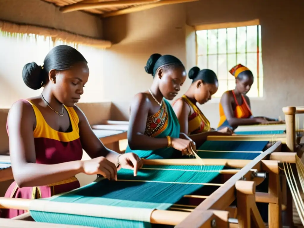 Grupo de mujeres africanas tejiendo textiles tradicionales en telares de madera, con colores vibrantes y ambiente cálido