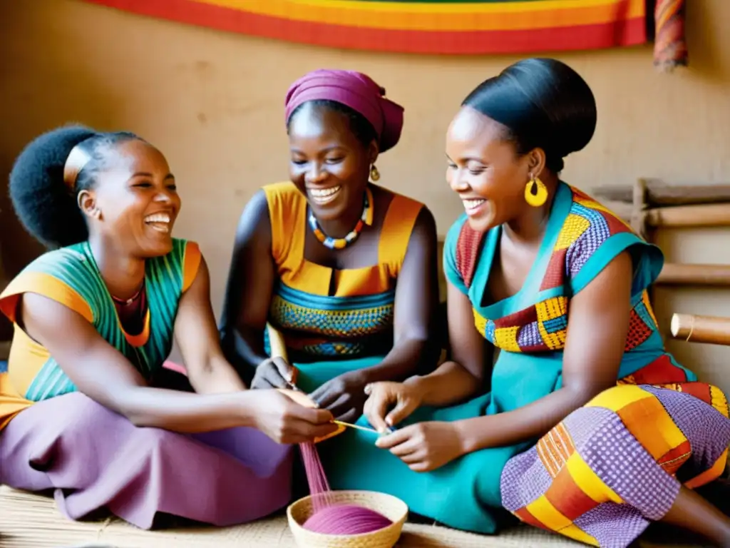 Grupo de mujeres africanas riendo mientras tejen textiles coloridos