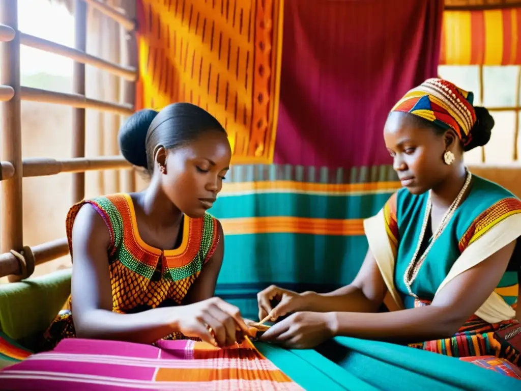 Un grupo de mujeres africanas tejiendo textiles coloridos en telares tradicionales, mostrando la influencia de tejidos africanos en moda