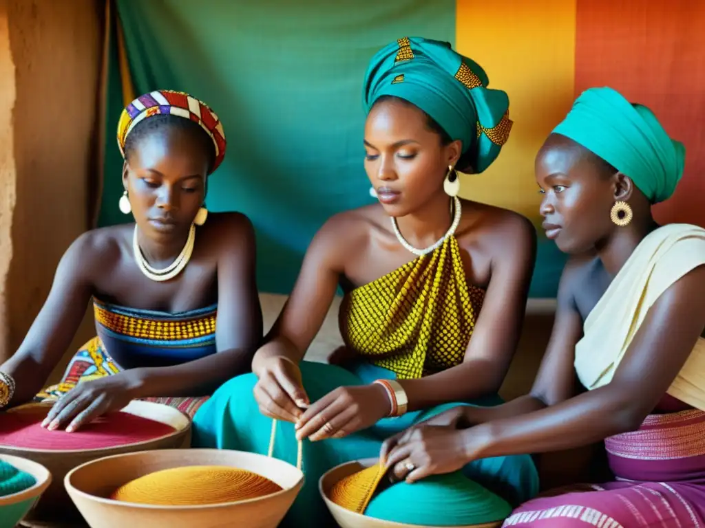 Grupo de mujeres africanas tejiendo textiles tradicionales, reflejando la influencia de tejidos africanos en moda