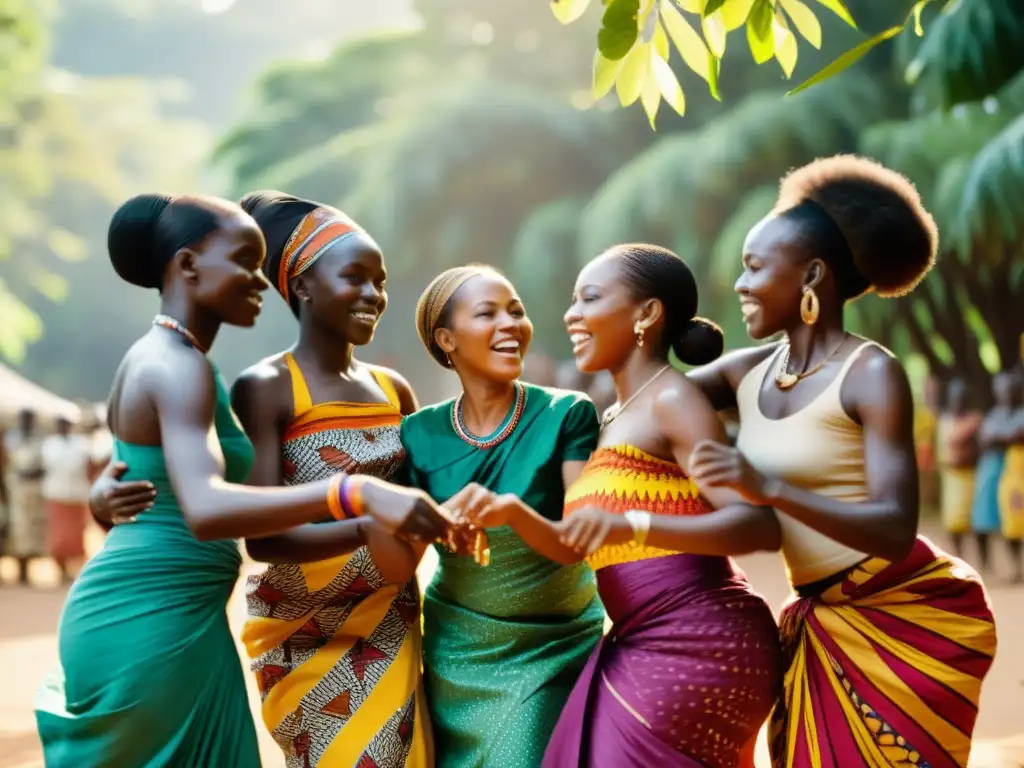 Grupo de mujeres africanas bailando en vibrantes textiles en rituales y celebraciones africanas, capturando la belleza y tradición