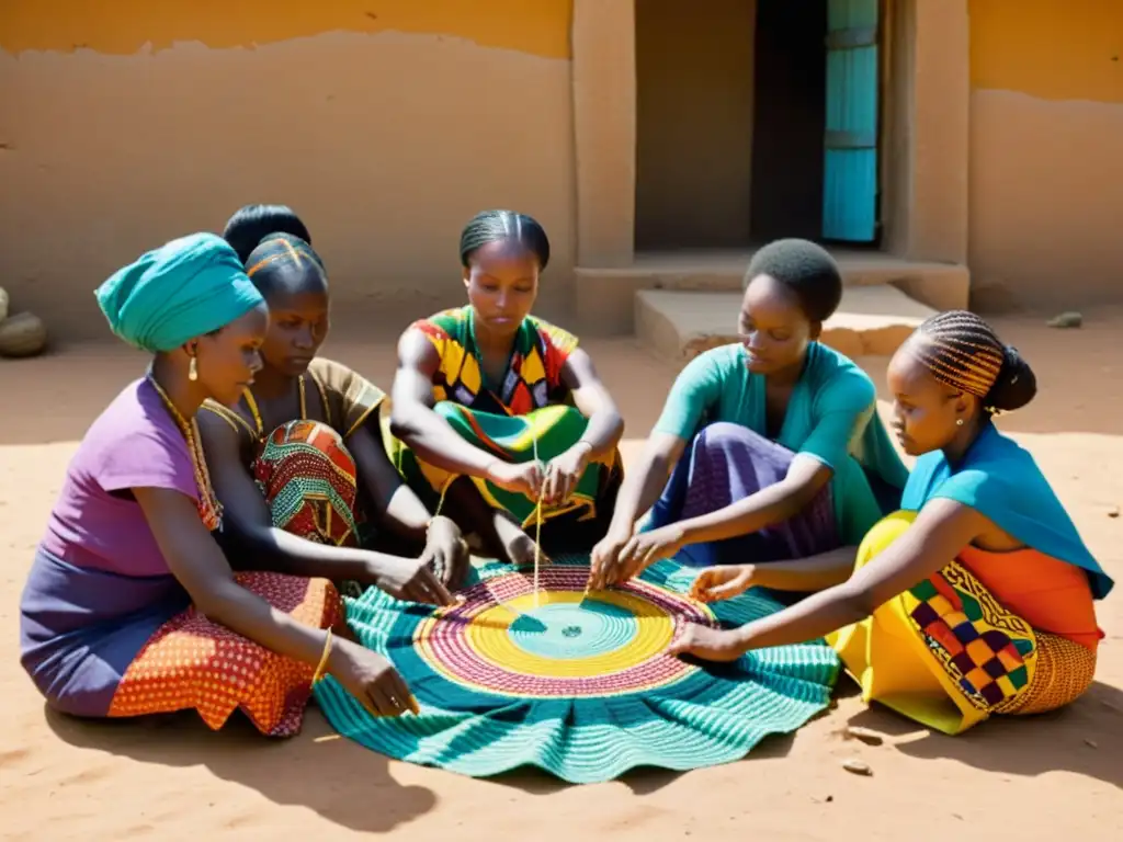 Un grupo de mujeres africanas teje textiles coloridos con técnicas tradicionales, mostrando el significado de los textiles africanos en su comunidad