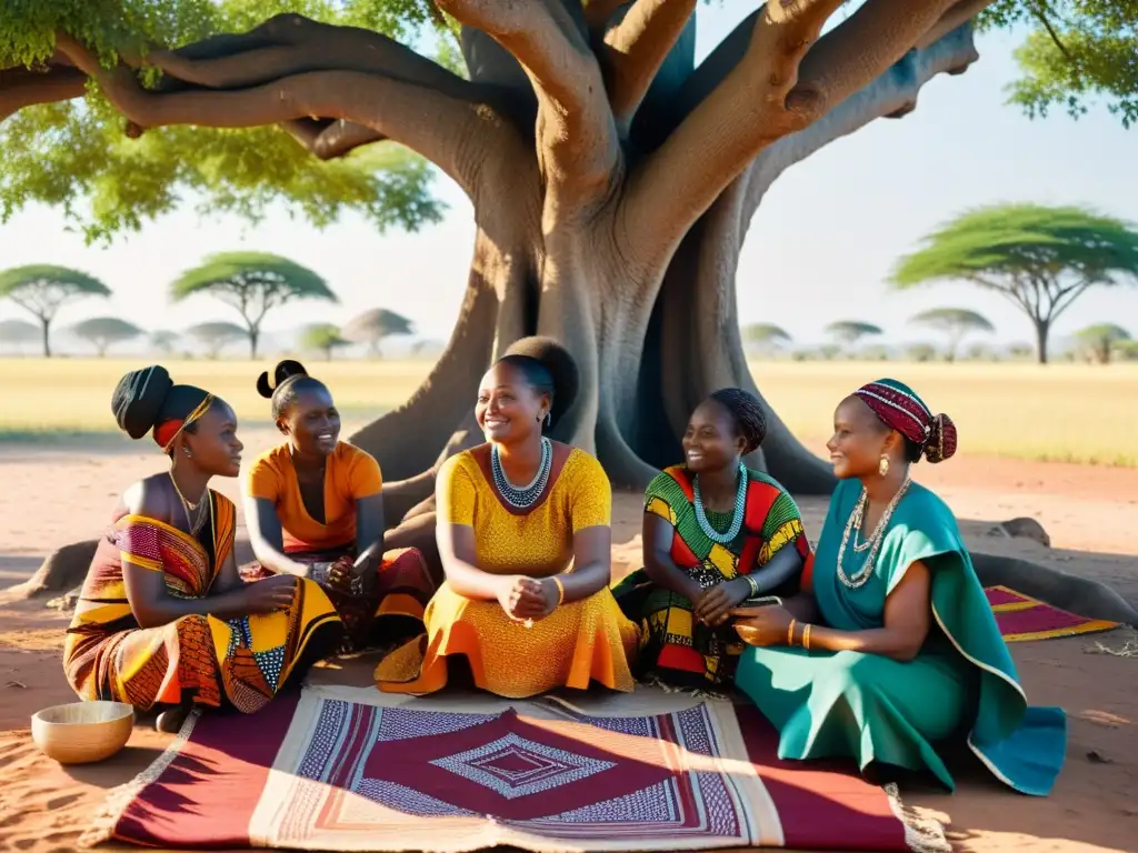 Grupo de mujeres africanas tejiendo textiles bajo un árbol, mostrando la influencia en usos contemporáneos de moda