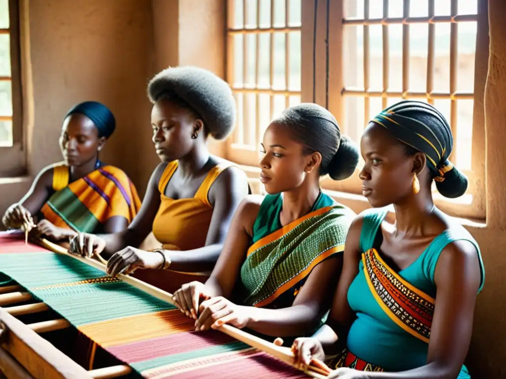 Un grupo de mujeres africanas tejiendo textiles africanos con destreza, mostrando resistencia cultural y artesanía