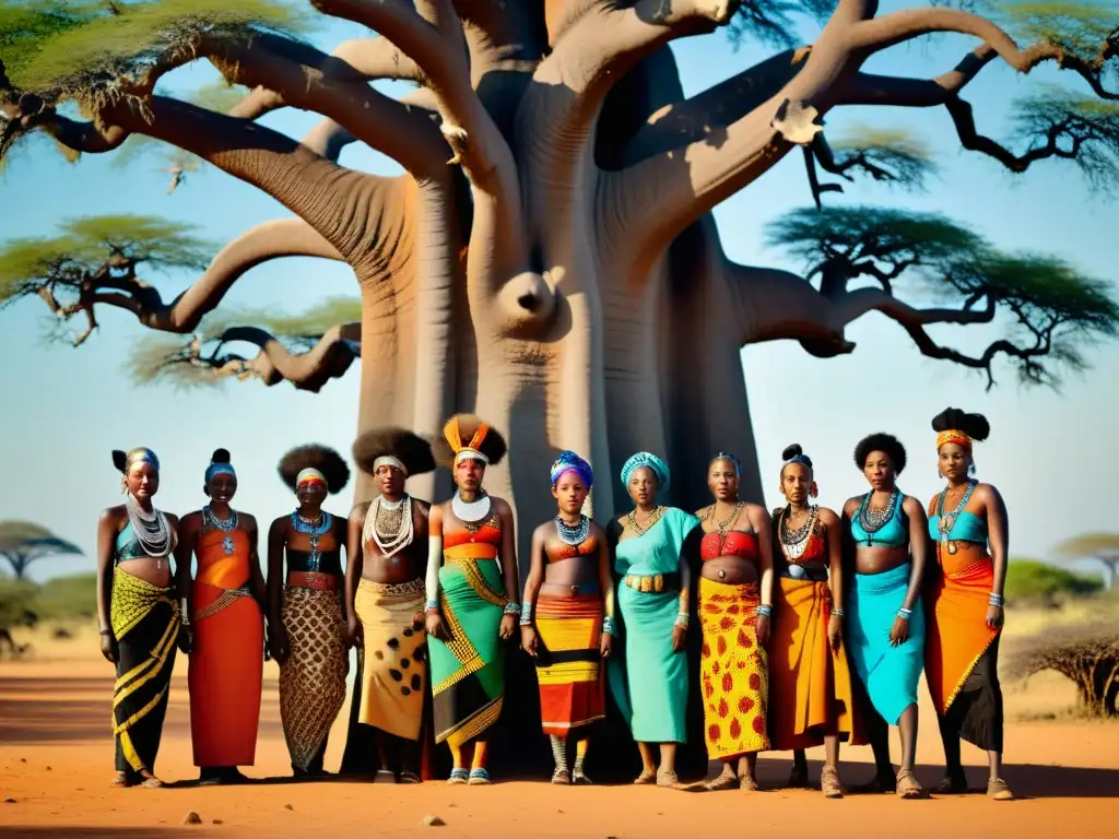 Un grupo de mujeres africanas de distintas tribus vistiendo diseños tribales africanos más emblemáticos, bajo un baobab centenario