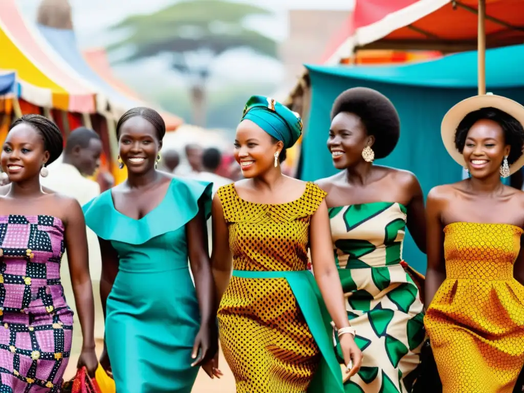 Grupo de mujeres africanas luciendo vestidos Kitenge en un animado mercado al aire libre, reflejando la moda contemporánea africana