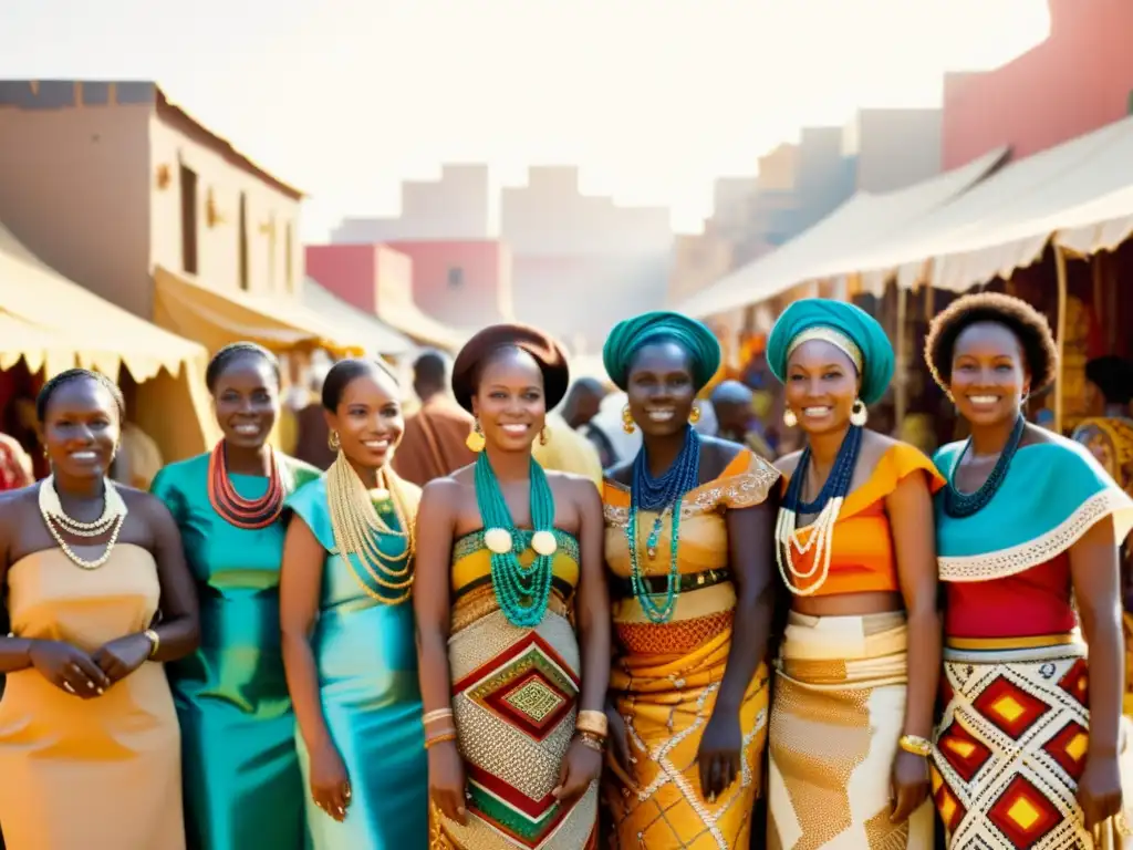 Grupo de mujeres africanas con vestimenta tradicional y patrones artísticos de África en un bullicioso mercado, bañadas por cálida luz dorada