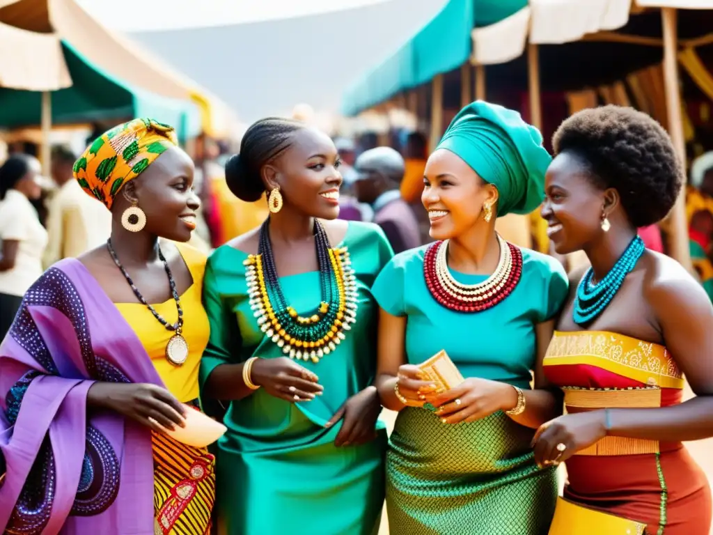 Mercado africano: mujeres con trajes tradicionales y colores vibrantes Un grupo de mujeres africanas con vibrantes patrones tradicionales en su indumentaria, reunidas en un bullicioso mercado