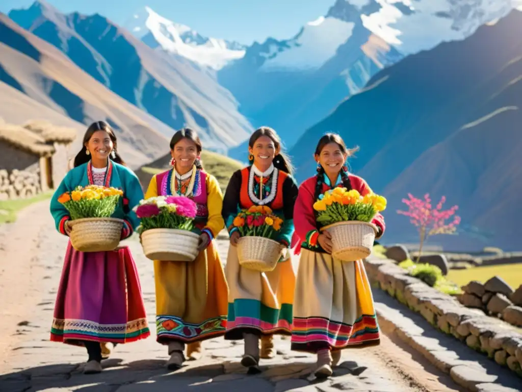 Grupo de mujeres andinas en atuendos tradicionales, llevando cestas de flores en un pueblo andino